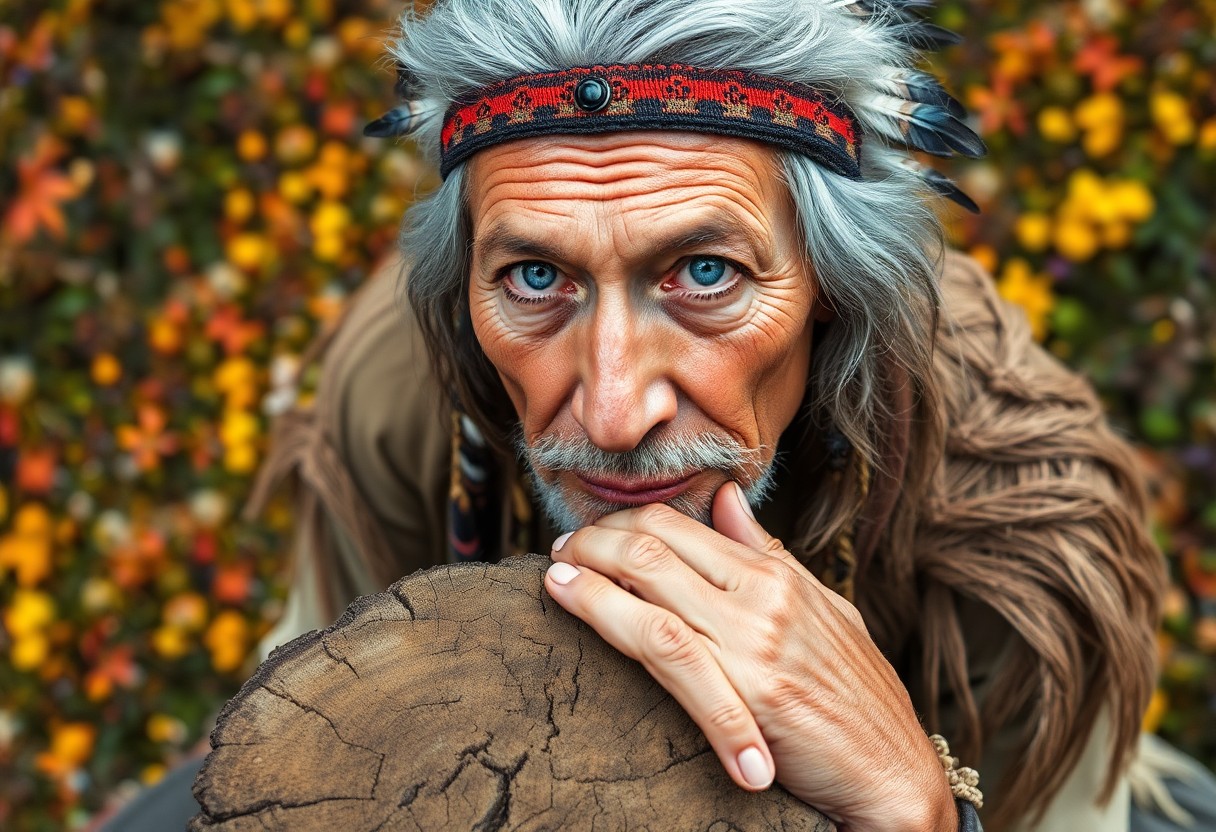 AI generated art for prompt: Craft a photorealistic portrait photo showcasing an elderly Native American man with serene blue eye