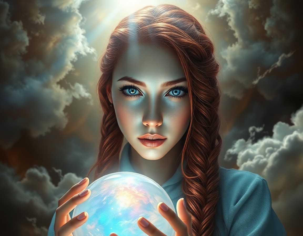 AI generated art for prompt: Craft a photorealistic digital painting portrait of an enigmatic woman with tranquil blue eyes and l