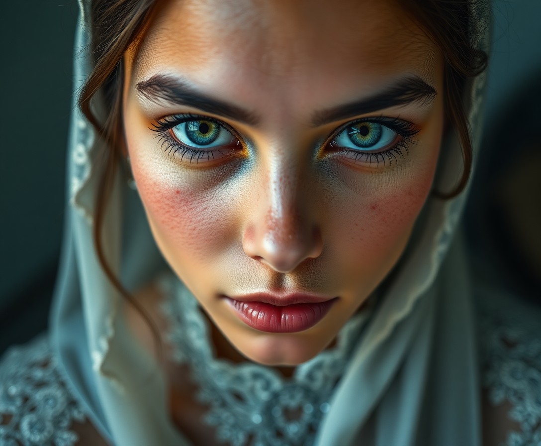 AI generated art for prompt: An ultra-realistic portrait showcases a young North African woman with enchanting emerald eyes and d