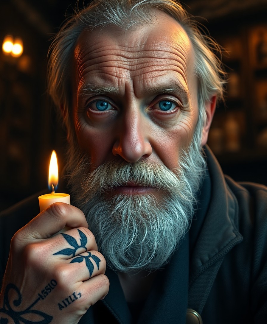 AI generated art for prompt: A low-angle portrait captures an aged sailor's melancholic visage, his blue eyes and grizzled beard 