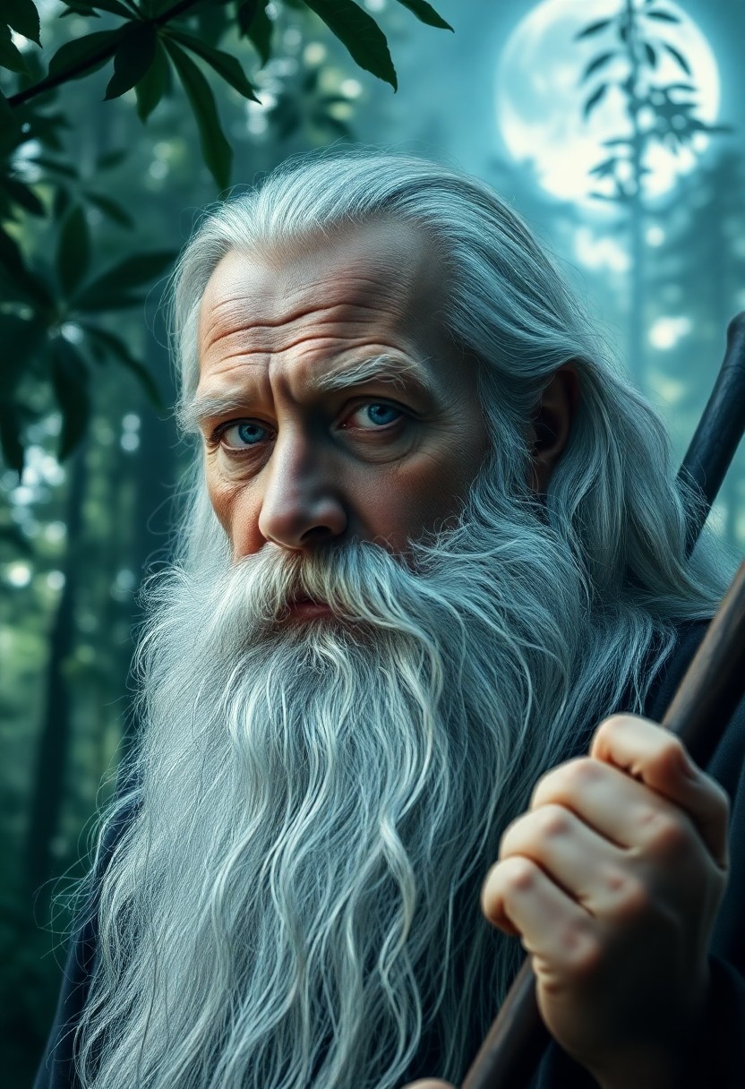 AI generated art for prompt: A photorealistic portrait photograph captures the essence of an elderly wizard with a long white bea