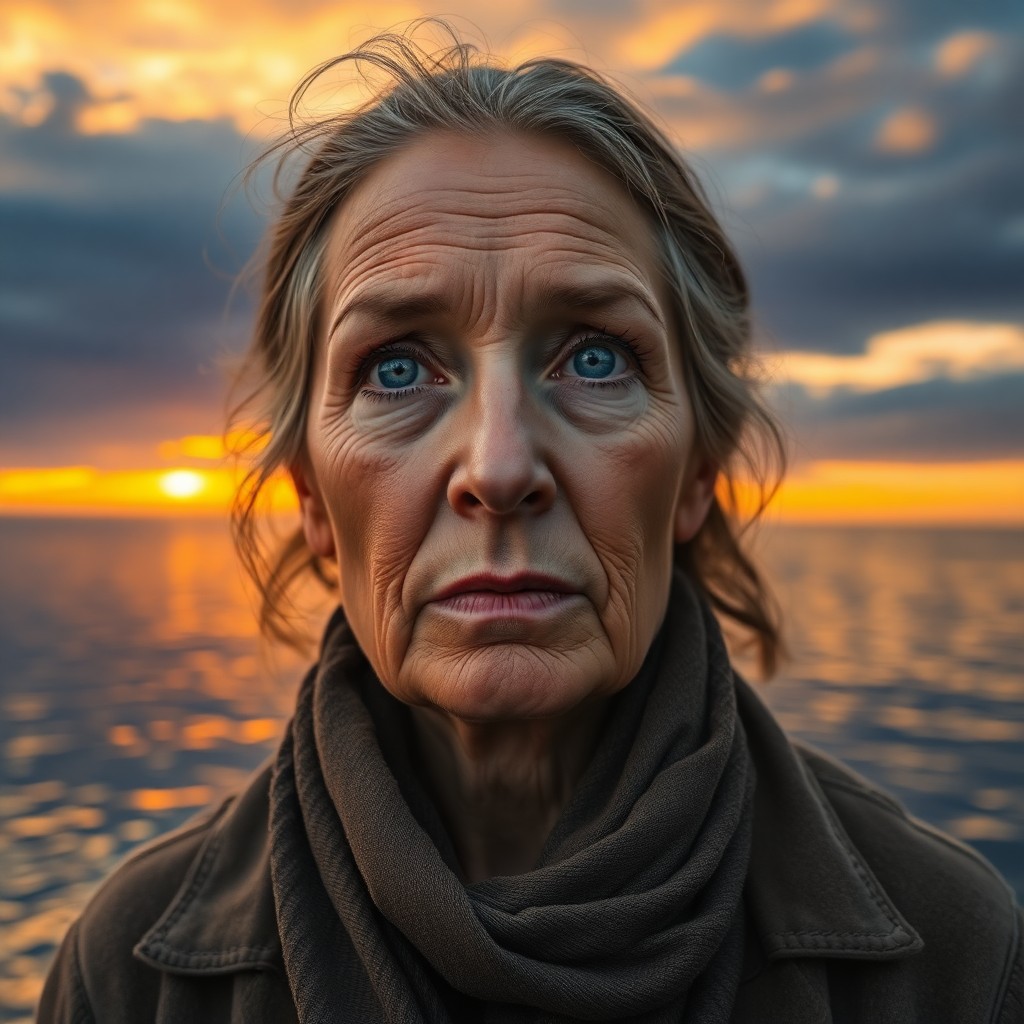 AI generated art for prompt: A highly detailed iPhone portrait showcases a time-worn middle-aged woman with intense blue eyes and