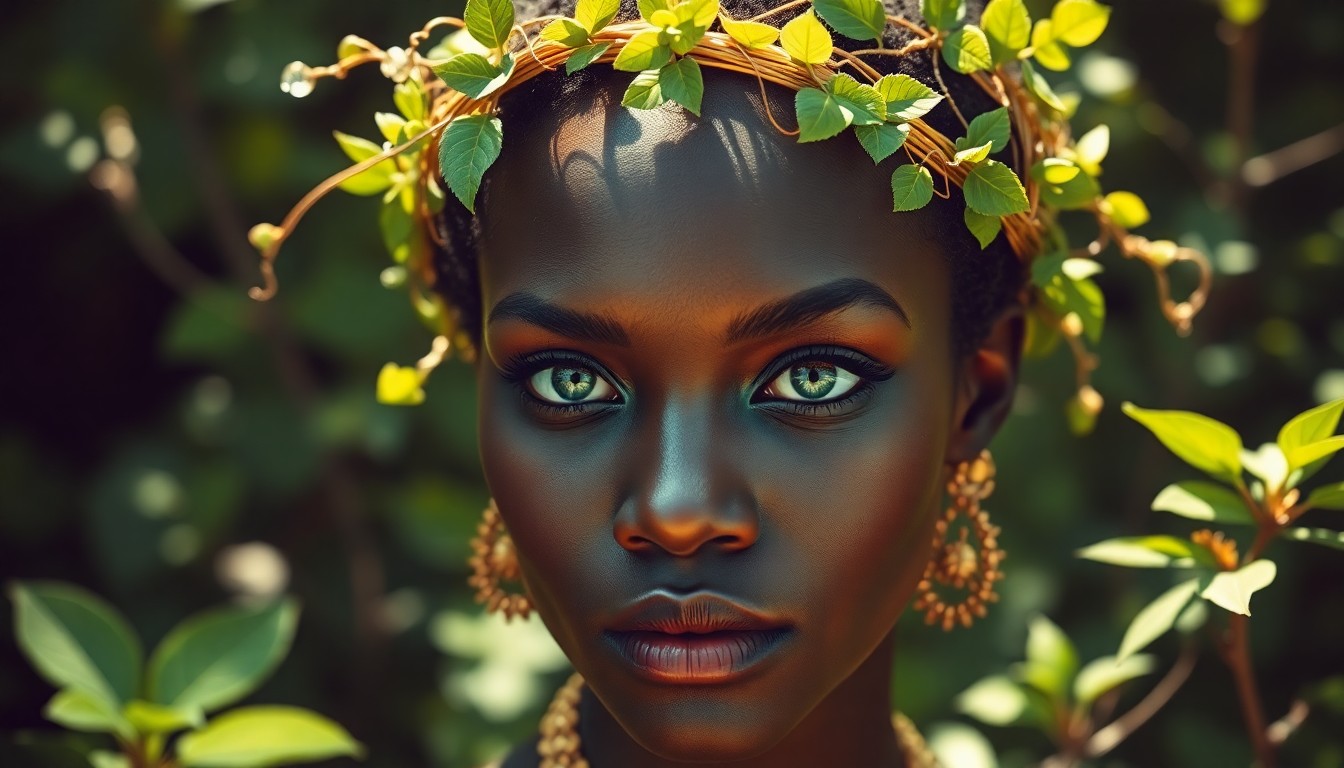 AI generated art for prompt: A photorealistic portrait captures an African woman with porcelain skin and striking green eyes from