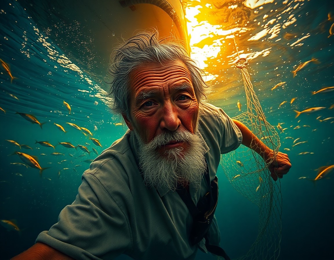 AI generated art for prompt: A hyperrealistic portrait showcases an elderly fisherman with weathered features and salt-sprayed ha