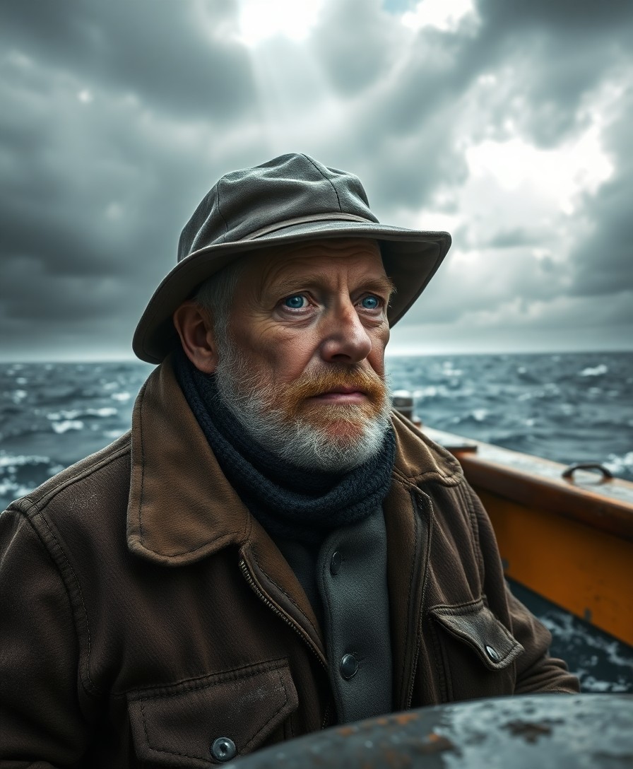 AI generated art for prompt: Craft a photorealistic portrait of a weathered fisherman with kind, blue eyes, standing at his boat'