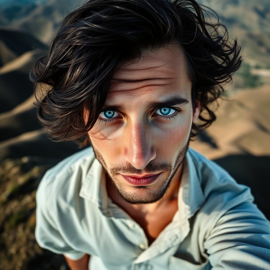 AI generated art for prompt: Envision a captivating portrait of a Southern European man with enchanting blue eyes and an intrigui