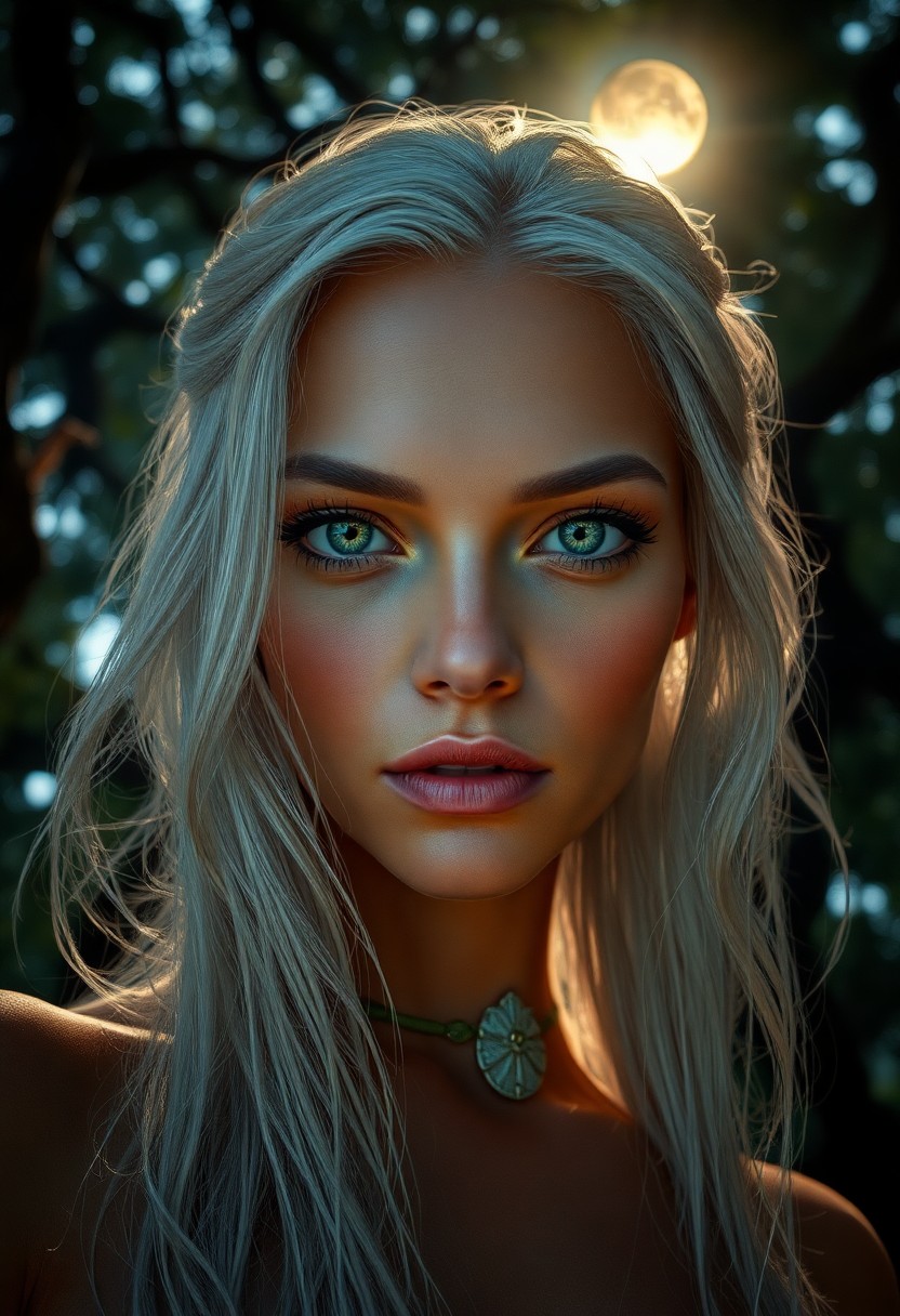 AI generated art for prompt: Ethereal Amazonian woman with silver hair and piercing emerald eyes gazes enigmatically under a soft