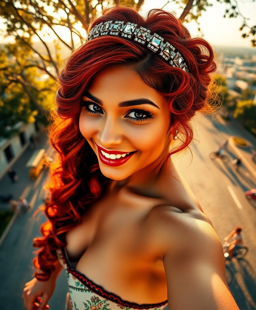 AI generated art for prompt: An ultra-realistic vintage pin-up portrait showcases a captivating Hispanic woman with fiery red cur