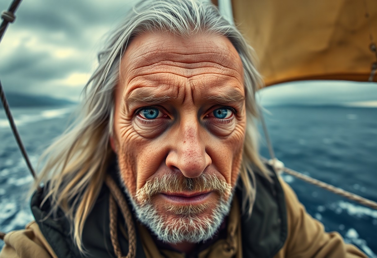 AI generated art for prompt: From a 'bug's-eye view', capture the essence of a seasoned sea captain with calm blue eyes and a wea