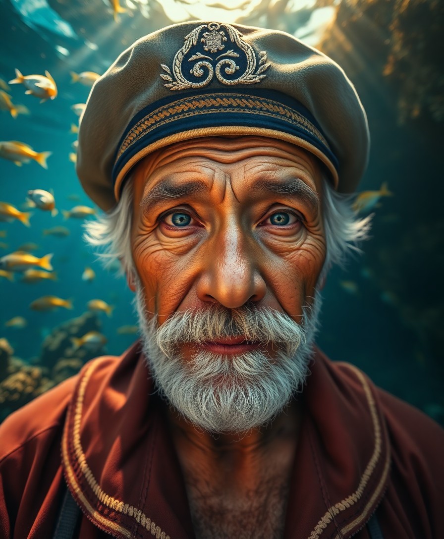 AI generated art for prompt: Craft a photorealistic portrait of an elderly sailor with a weathered yet wise countenance. His rugg