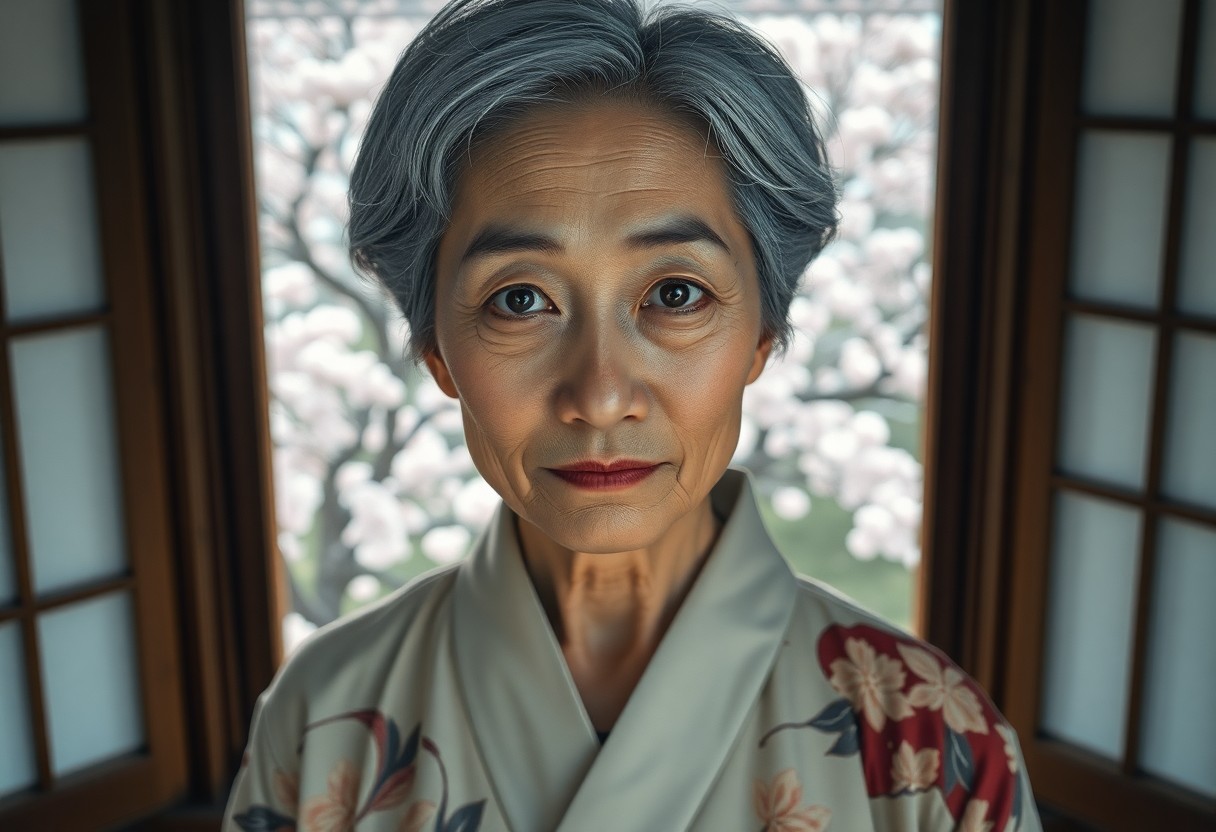 AI generated art for prompt: Hyperrealistically depict a 50-year-old Japanese South Asian woman with short gray hair in a delicat