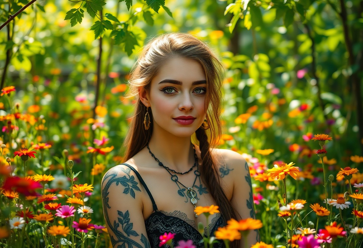 AI generated art for prompt: Craft a hyperrealistic portrait showcasing an individual amidst a sea of vibrant wildflowers in a se