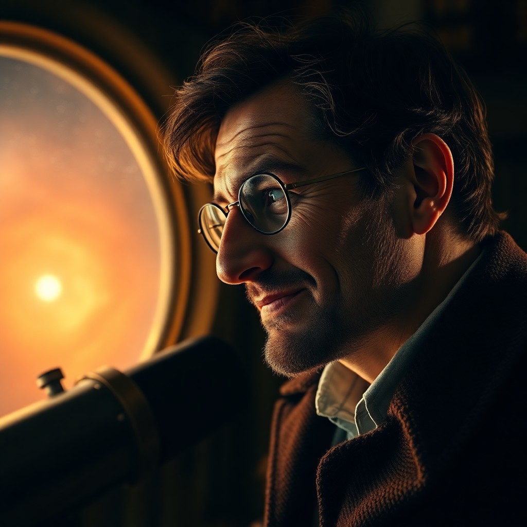 AI generated art for prompt: Envision an ultra-realistic portrait capturing an experienced astronomer's intense focus as they obs