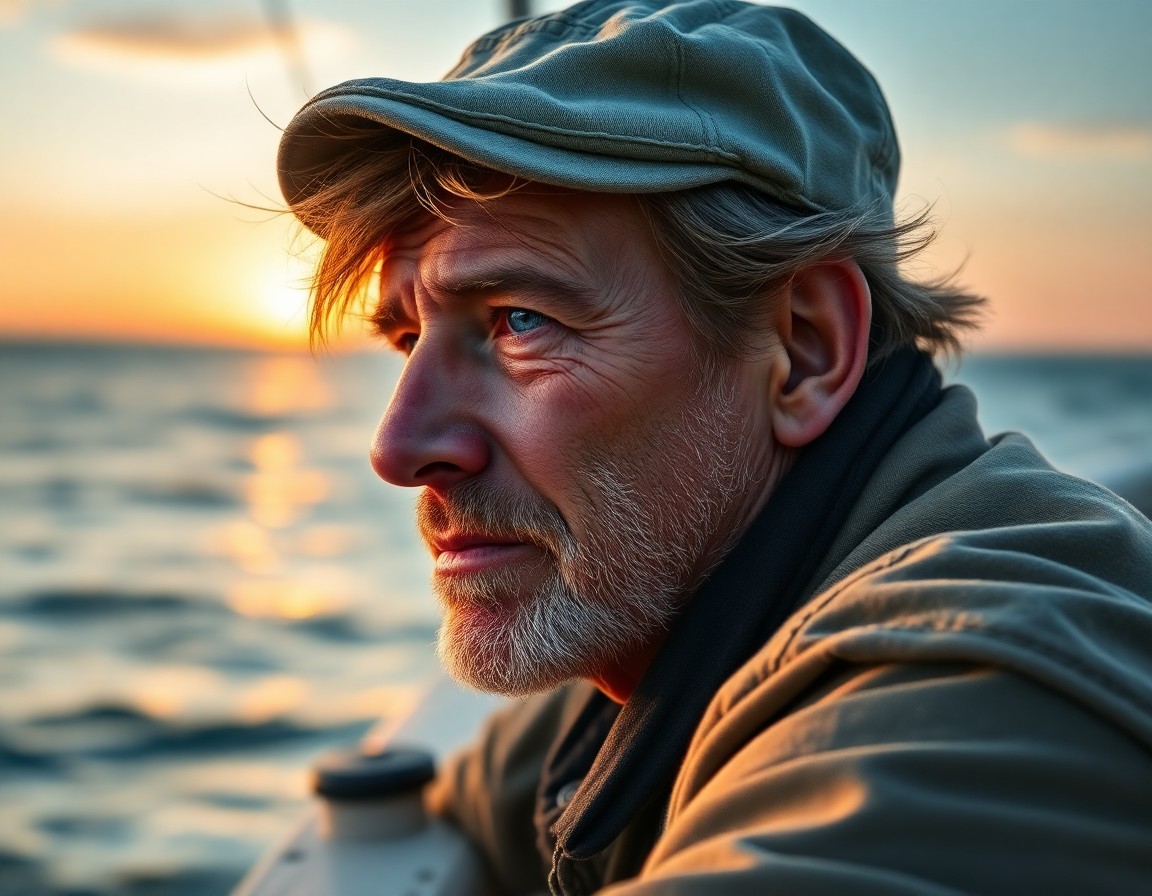 AI generated art for prompt: A captivating photorealistic portrait depicts a seasoned fisherman with rugged features and misty bl