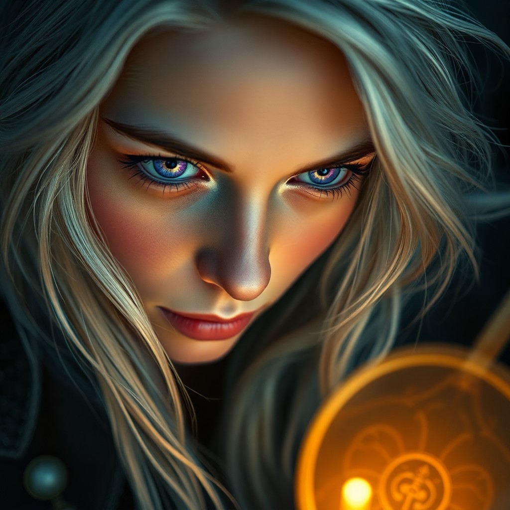 AI generated art for prompt: Generate a photorealistic portrait of an enchanting bard with captivating violet eyes and flowing si