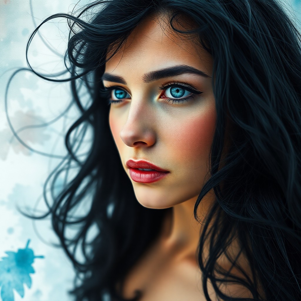 AI generated art for prompt: A photorealistic portrait presents a Mediterranean woman with deep indigo eyes and cascading raven h