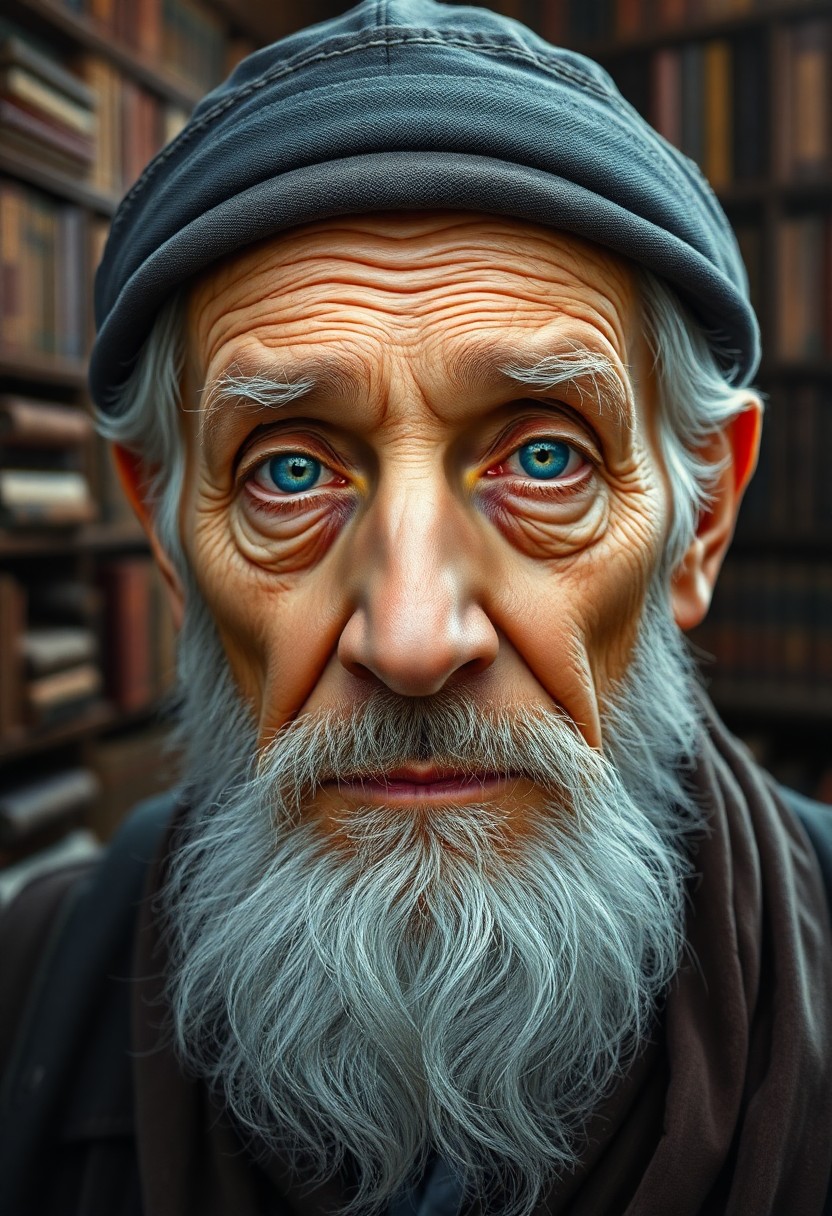 AI generated art for prompt: Craft a photorealistic oil painting portrait of an aged sage, their tender blue eyes radiating wisdo