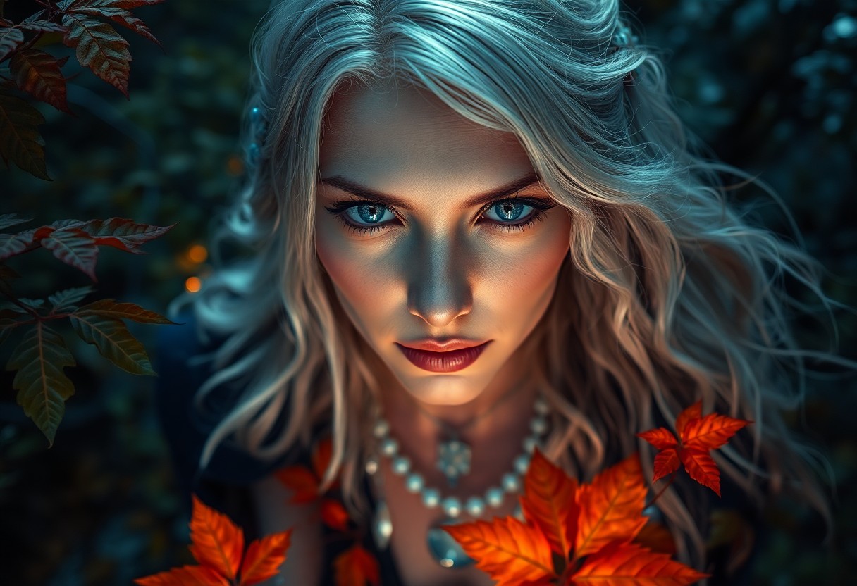 AI generated art for prompt: A high-definition digital portrait captures an enigmatic female mystic with serene blue eyes and sil