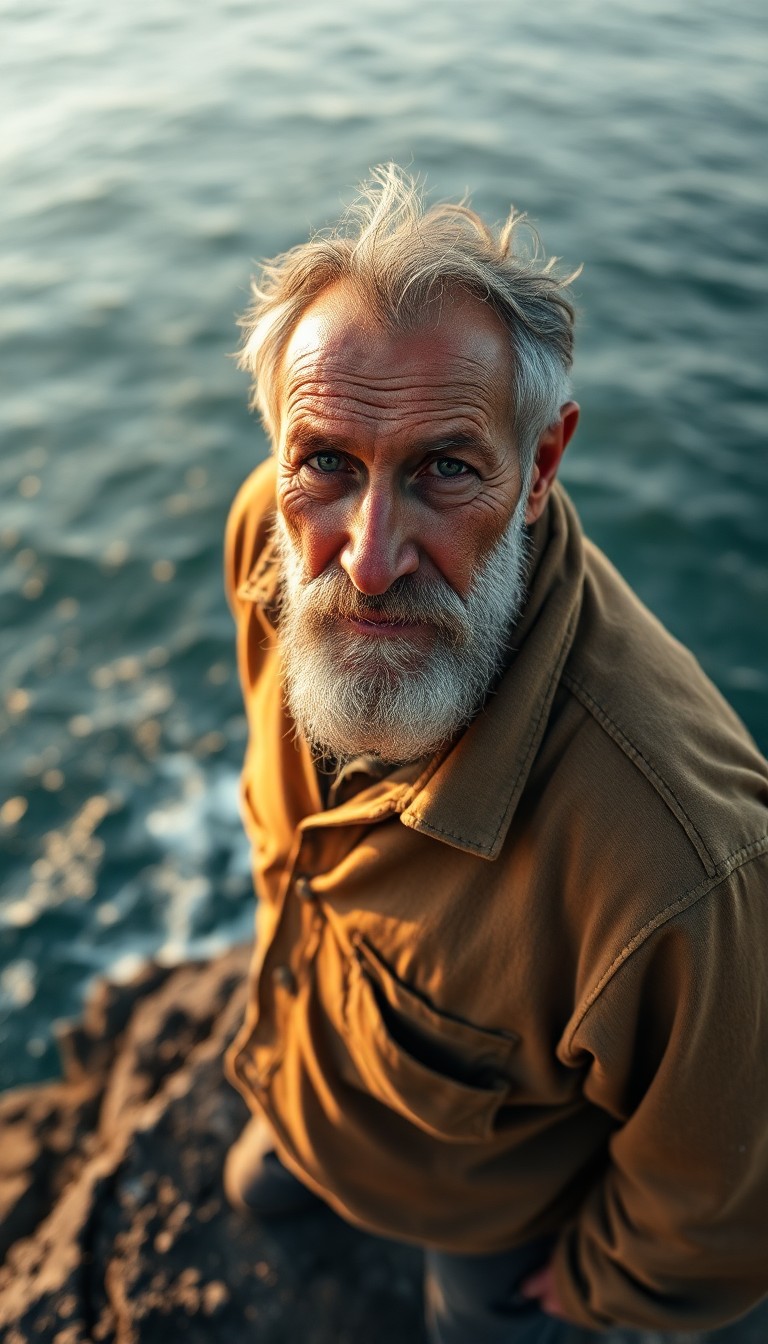 AI generated art for prompt: Craft a photorealistic portrait photograph of a rugged middle-aged fisherman with weathered skin, il