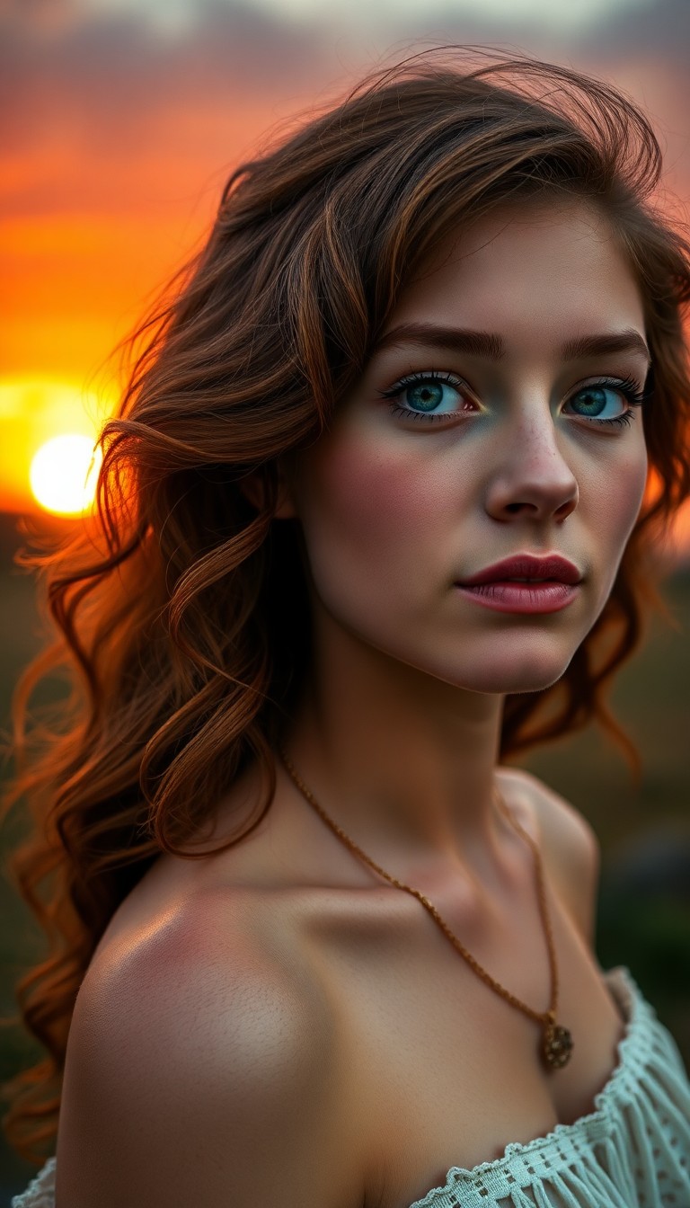 AI generated art for prompt: Craft a photorealistic portrait of a young Caucasian woman with captivating green eyes and wavy aubu