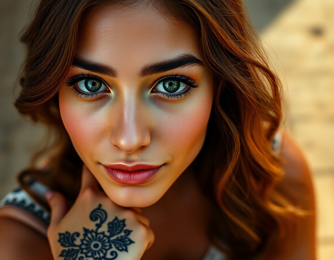 AI generated art for prompt: A hyperrealistic portrait showcases a young Hispanic woman with sun-kissed skin and striking green e