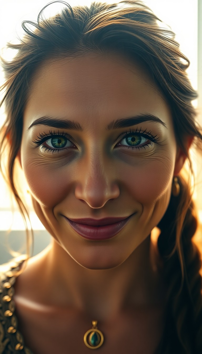 AI generated art for prompt: A hyper-realistic digital portrait captures a Native American woman with mesmerizing green eyes acce