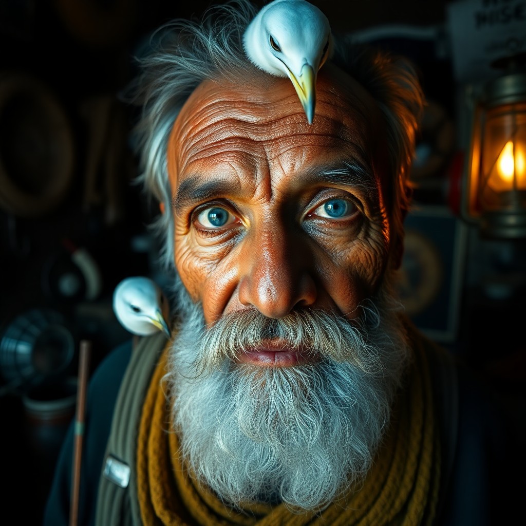 AI generated art for prompt: Hyperrealistically portray an elderly South Asian fisherman with a rugged salt-and-pepper beard and 