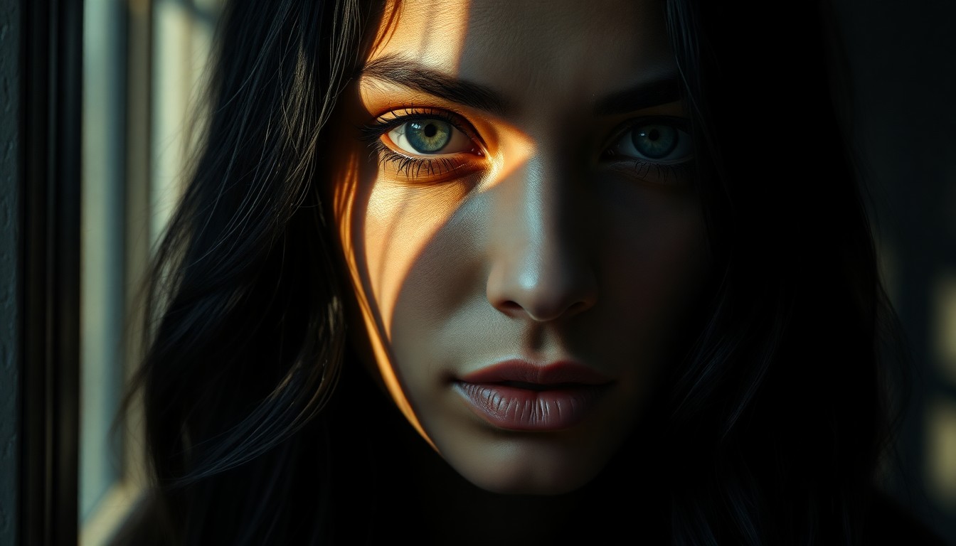 AI generated art for prompt: Mesmerizing close-up portrait of an enigmatic Hispanic woman with clouded green eyes and raven hair 