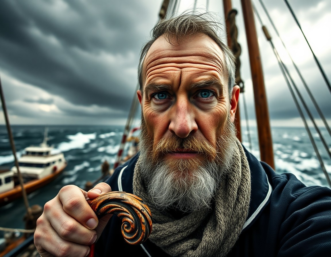 AI generated art for prompt: Envision a captivating portrait photograph of a world-weary sailor, captured from an intriguing low-