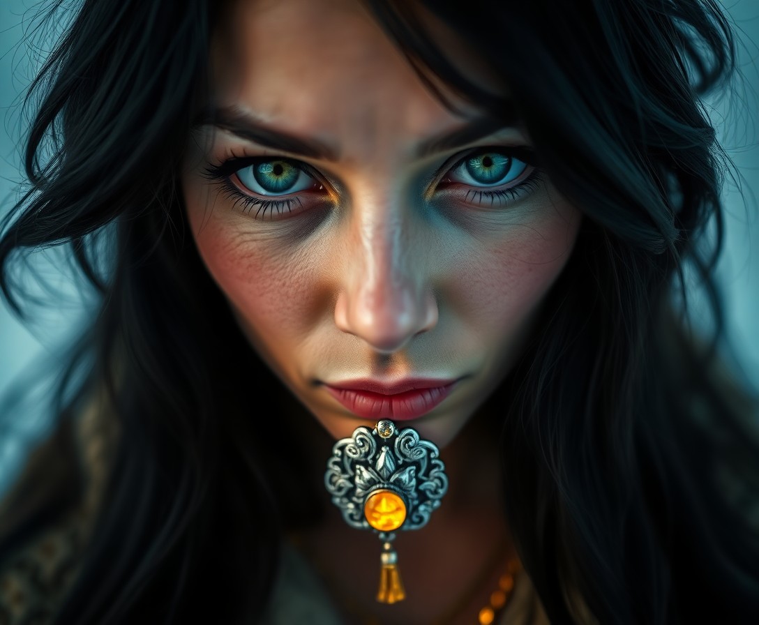 AI generated art for prompt: An enigmatic Inuit woman with emerald eyes and cascading raven hair is illuminated by a soft golden 