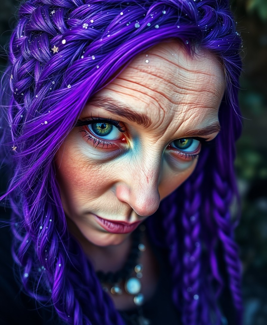 AI generated art for prompt: A captivating portrait photograph presents an enigmatic time traveler with vibrant purple hair intri