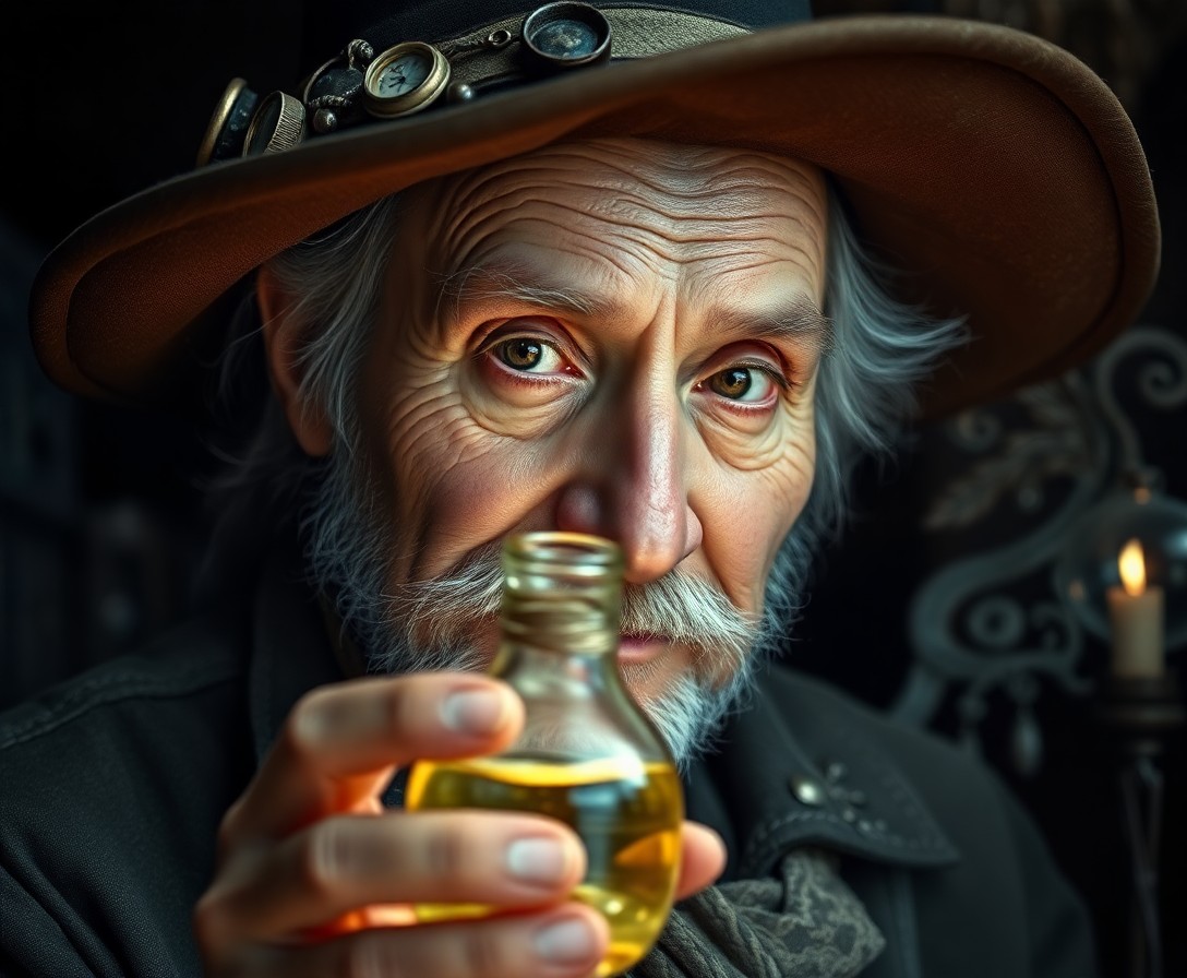 AI generated art for prompt: Craft an ultra-realistic portrait of a wise old alchemist amidst a mystical setting. His face, etche