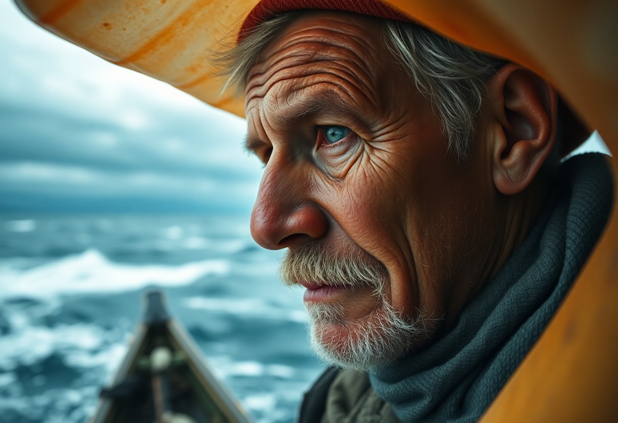 AI generated art for prompt: Craft an ultrarealistic portrait of a careworn middle-aged fisherman, his sun-kissed face marked by 