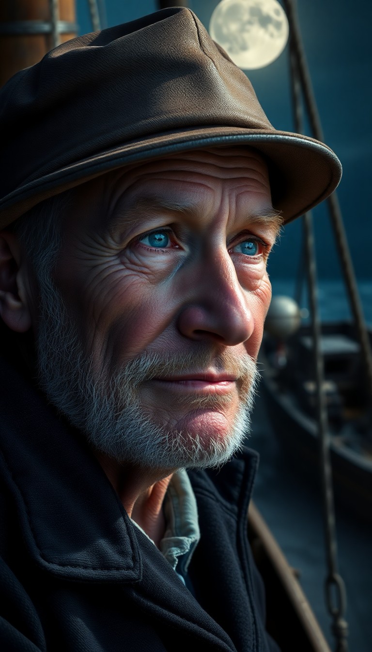 AI generated art for prompt: Craft a photorealistic portrait of an elderly sailor with sun-weathered skin and laughter lines, his