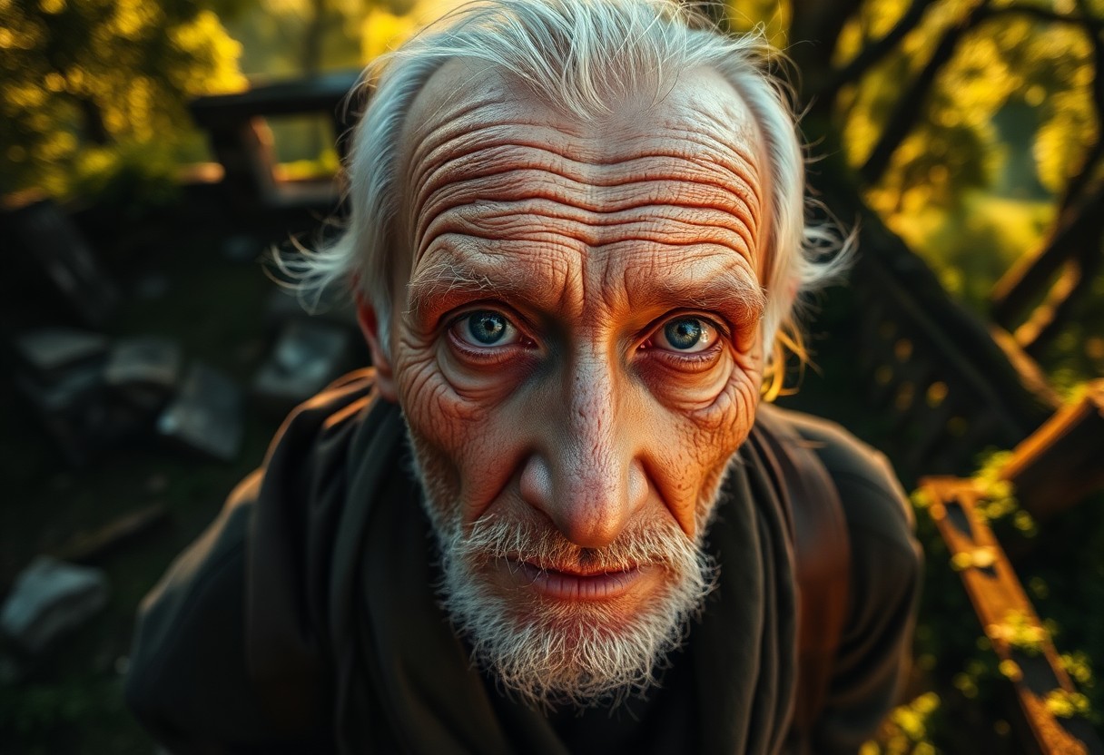 AI generated art for prompt: Captivatingly portray an elderly wanderer with deep wrinkles and shy blue eyes amidst ancient ruins 