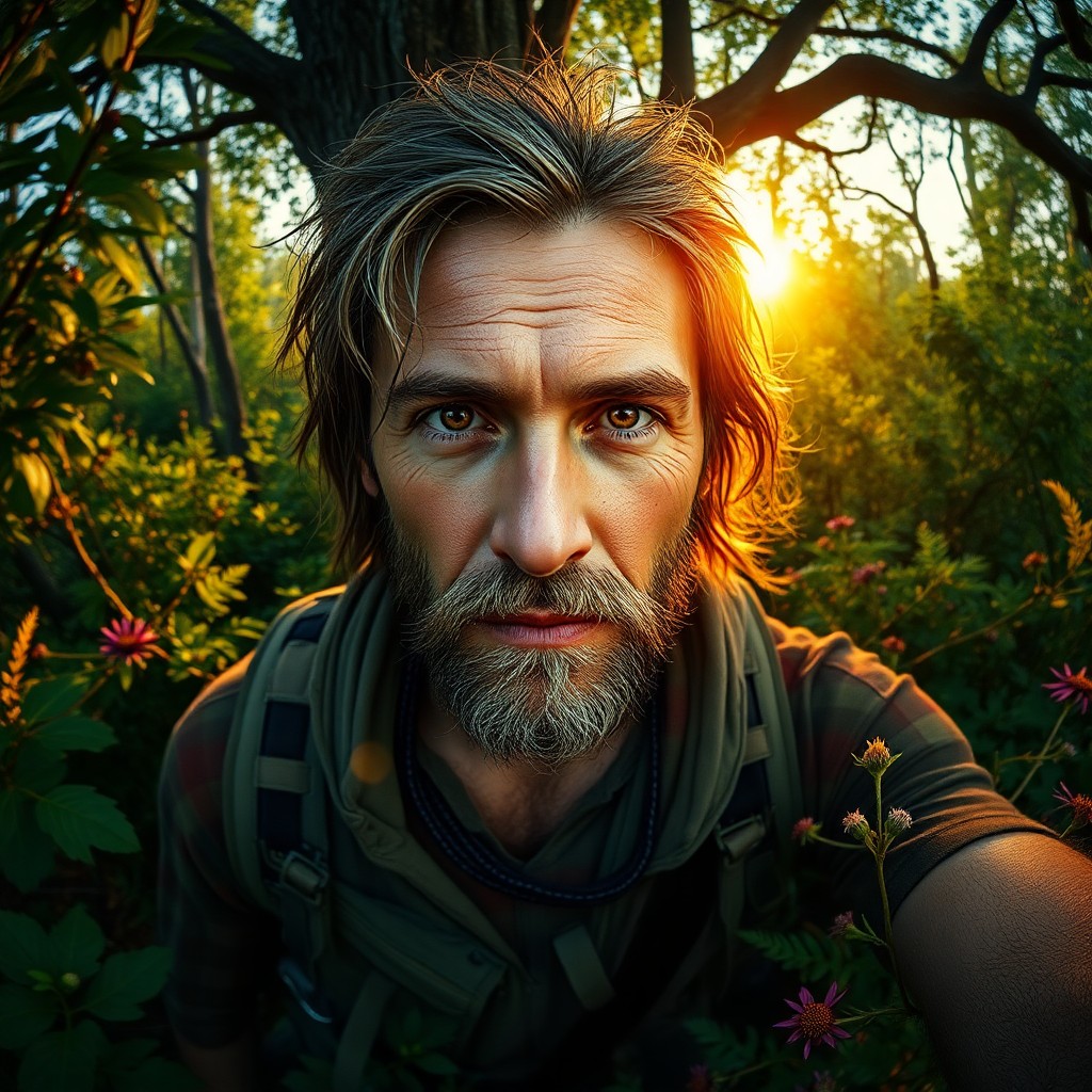 AI generated art for prompt: Visualize a hyperrealistic portrait of an experienced adventurer with captivating eyes, rugged featu