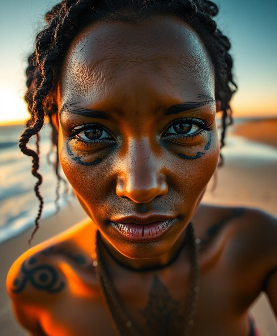 AI generated art for prompt: Craft a photorealistic portrait of an Aboriginal woman with sun-kissed skin, showcasing intricate sw