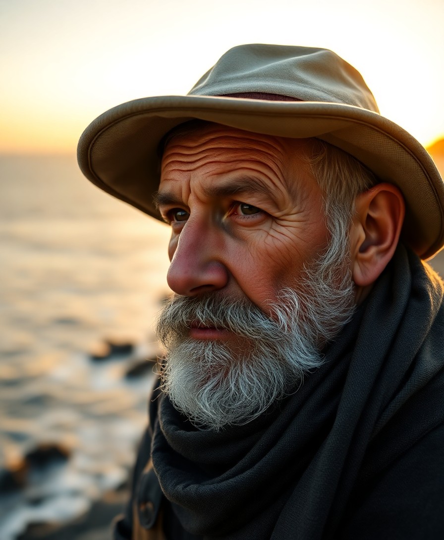 AI generated art for prompt: Craft a photorealistic portrait of a weathered middle-aged fisherman with roughened skin, deep-set e