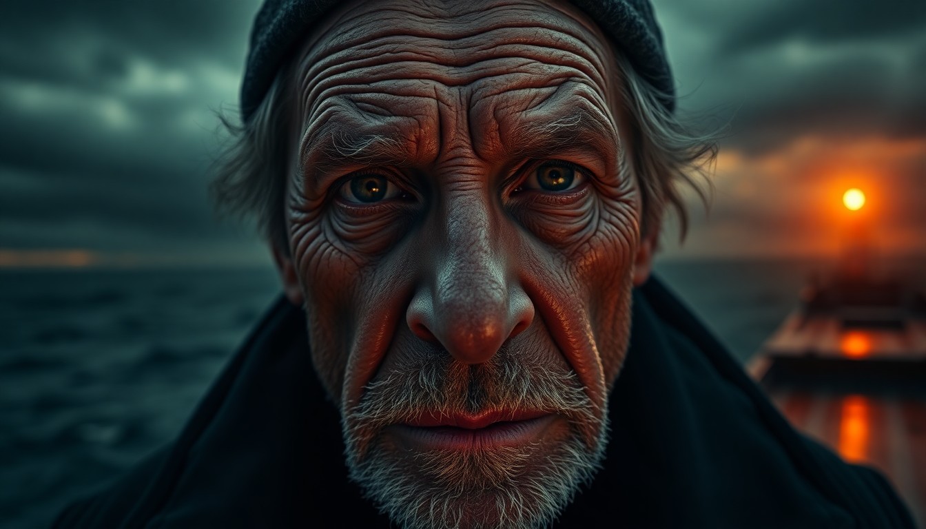 AI generated art for prompt: Aged sea captain with a rugged visage and deeply etched wrinkles, his intense gaze fixed on the hori