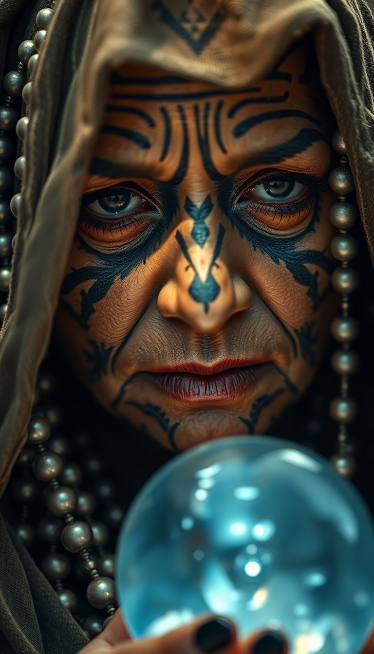 AI generated art for prompt: A hyper-realistic portrait captures a blind oracle adorned with intricate facial tattoos in traditio