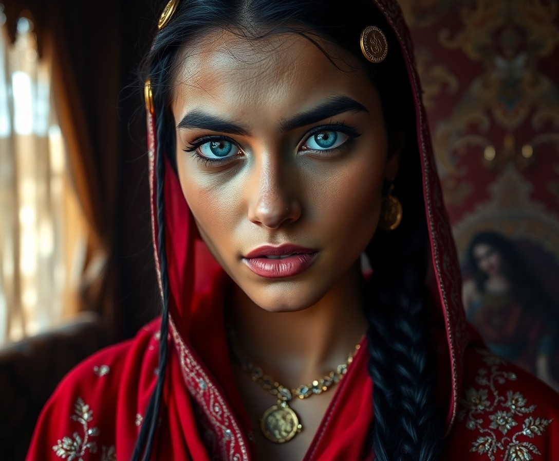 AI generated art for prompt: Imagine a captivating fine art portrait photograph of an enigmatic Middle Eastern South Asian woman 