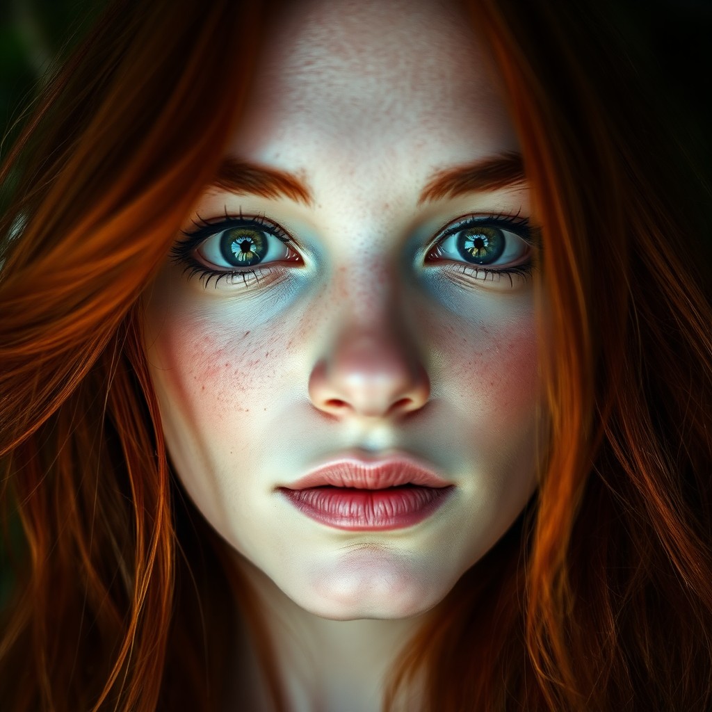 AI generated art for prompt: Envision a captivating portrait of an Amazonian woman with cascading red hair, captured from a uniqu