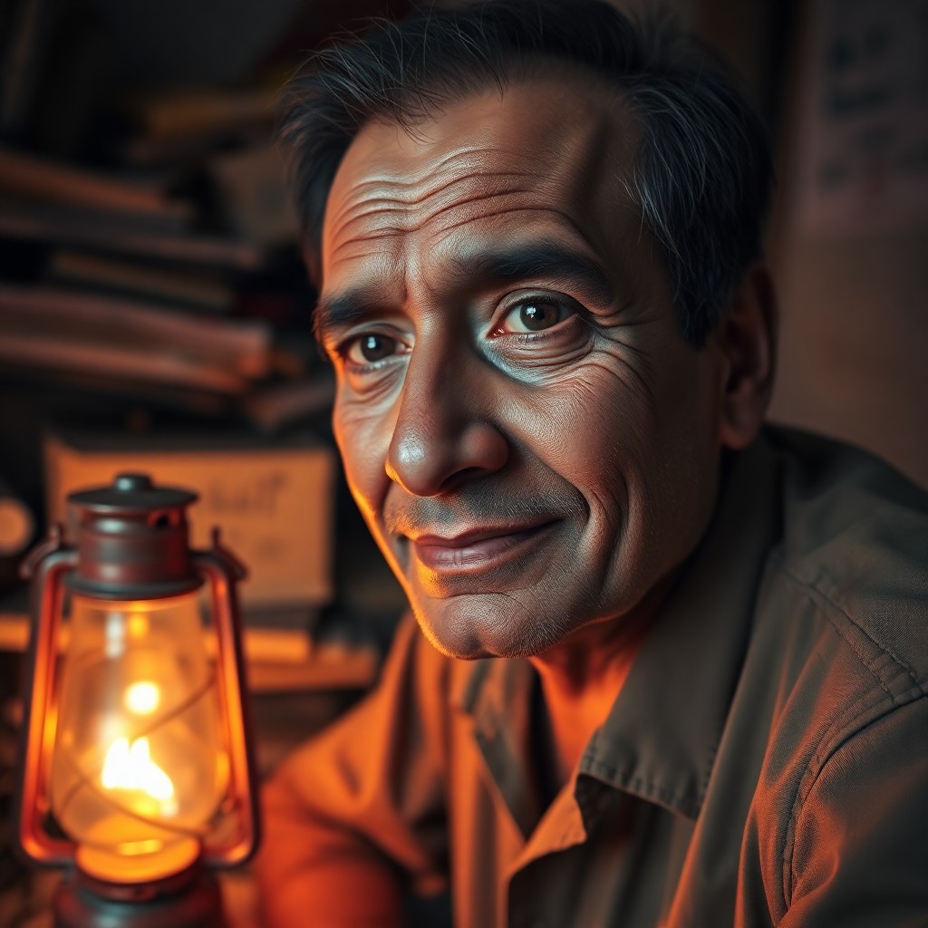 AI generated art for prompt: A portrait photograph depicts a middle-aged South Asian man with deep creases around his eyes and li