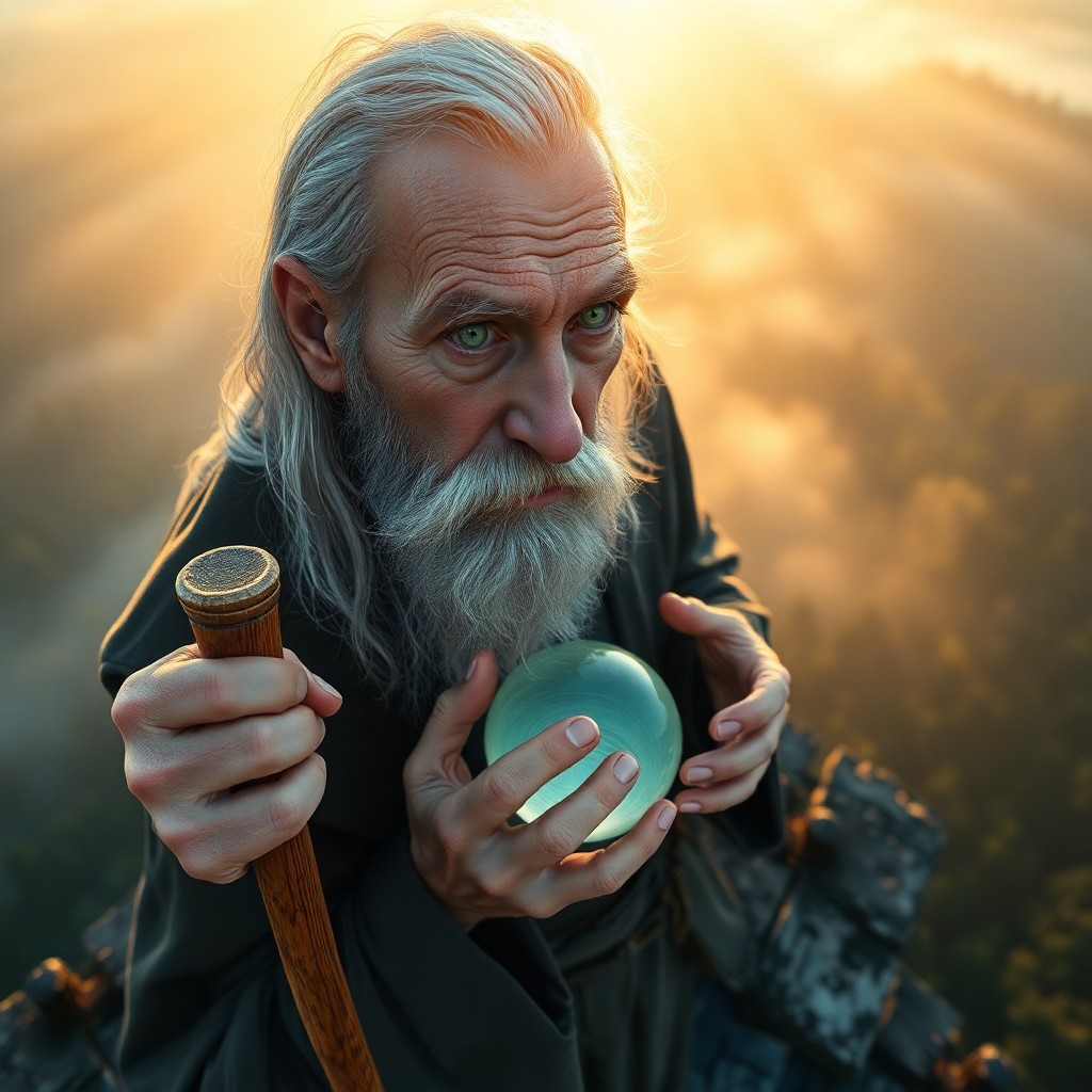 AI generated art for prompt: Envision an ultra-realistic portrait of a wise old wizard with serene green eyes and silver hair str