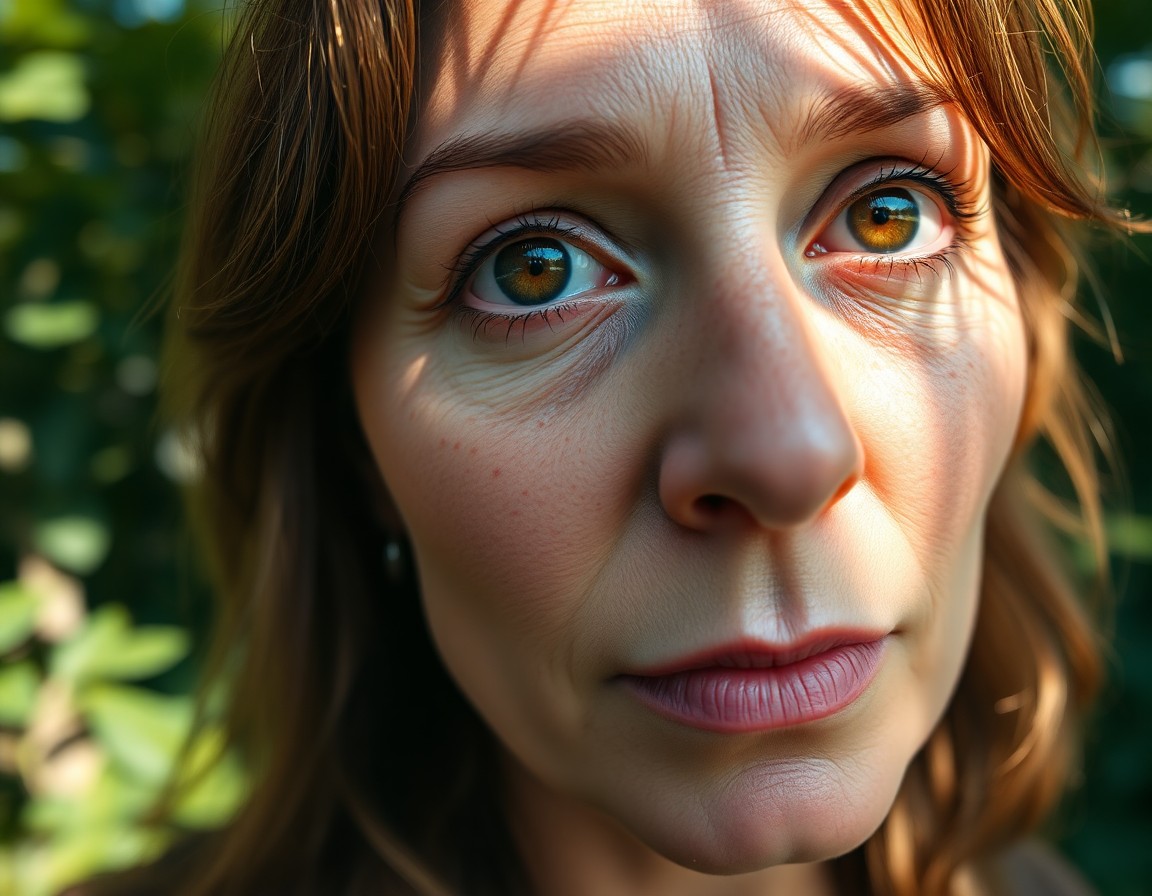 AI generated art for prompt: A highly realistic close-up portrait captures a middle-aged woman's features from a unique 'bug's-ey