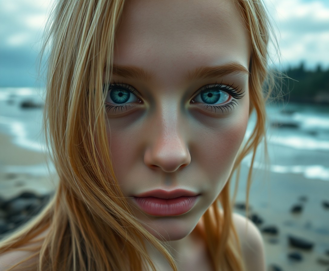 AI generated art for prompt: A hyperrealistic portrait from an unconventional angle captures a subject with striking emerald eyes