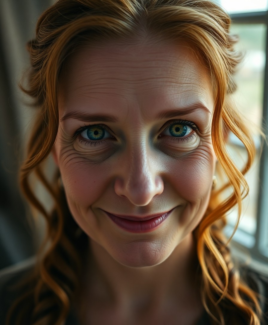 AI generated art for prompt: Create a photorealistic portrait of a middle-aged Celtic woman with deep green eyes and wavy chestnu