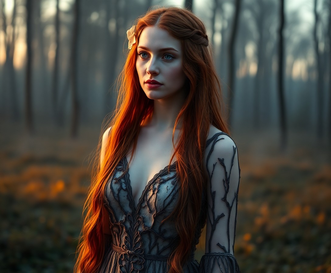 AI generated art for prompt: Hauntingly beautiful, a Mediterranean woman with deep blue eyes and pale skin stands in a misty fore