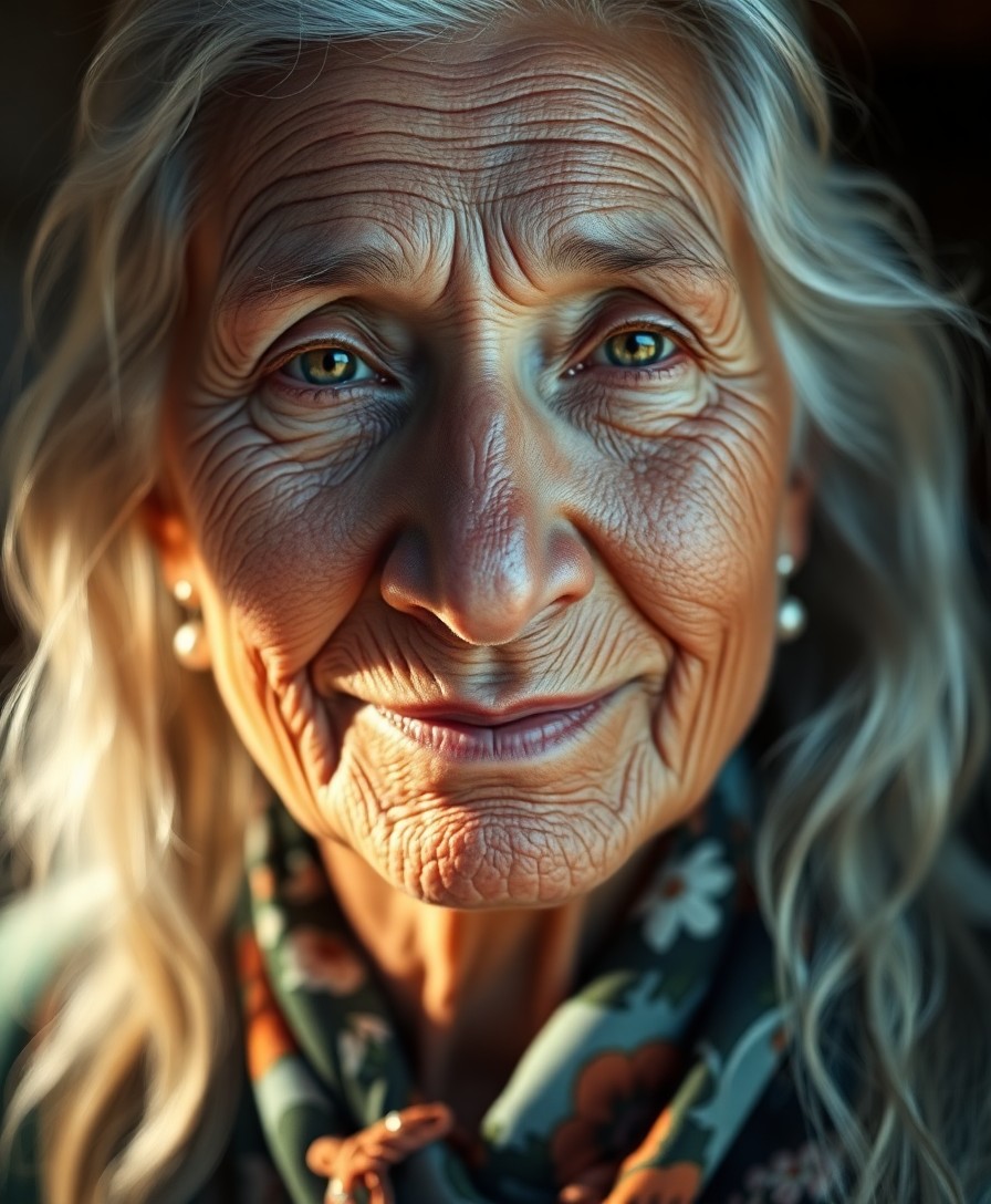 AI generated art for prompt: A serene photorealistic portrait depicts an elderly Aboriginal woman with delicate wrinkles and gent