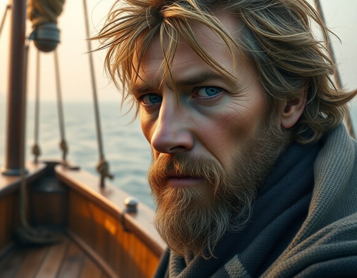 AI generated art for prompt: Craft a photorealistic portrait of a weathered sailor with wind-tousled hair and piercing blue eyes,